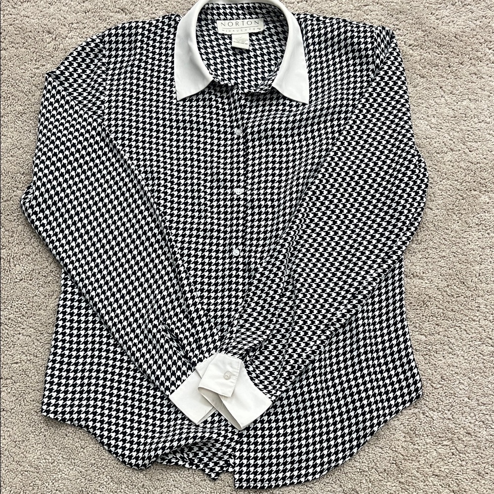Norton mcnaughtin Black and White Houndstooth Button-Up Shirt
